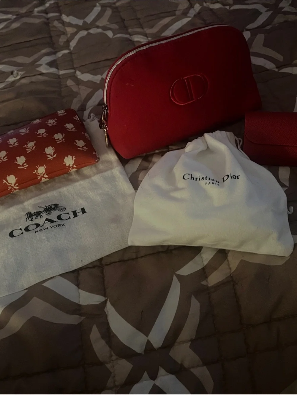 Dior Red Leather Zip Cosmetic Pouch and Coach mini bag and carrier case
